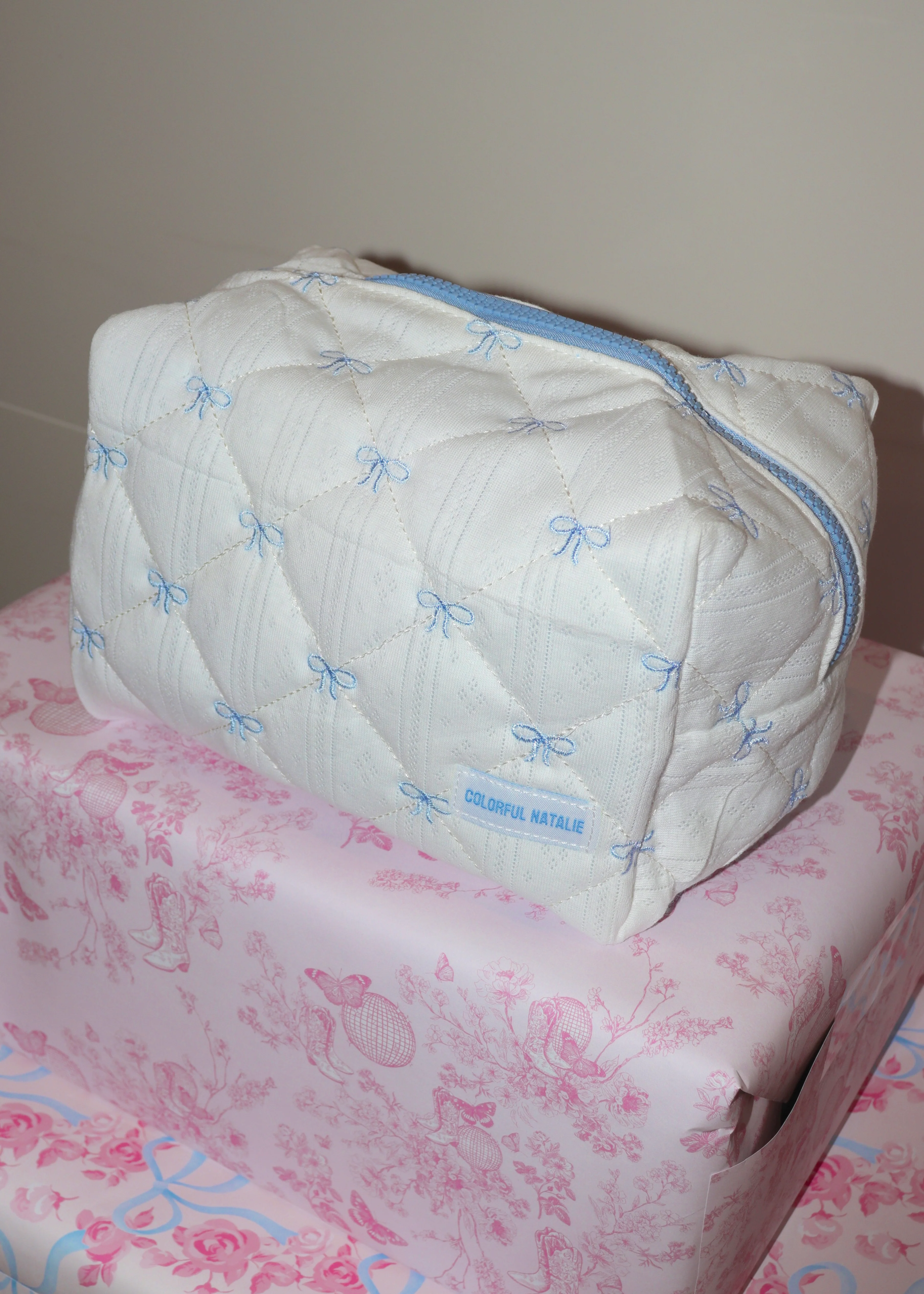 Blue Bows X-Large Embroidered Makeup Bag - Image 3