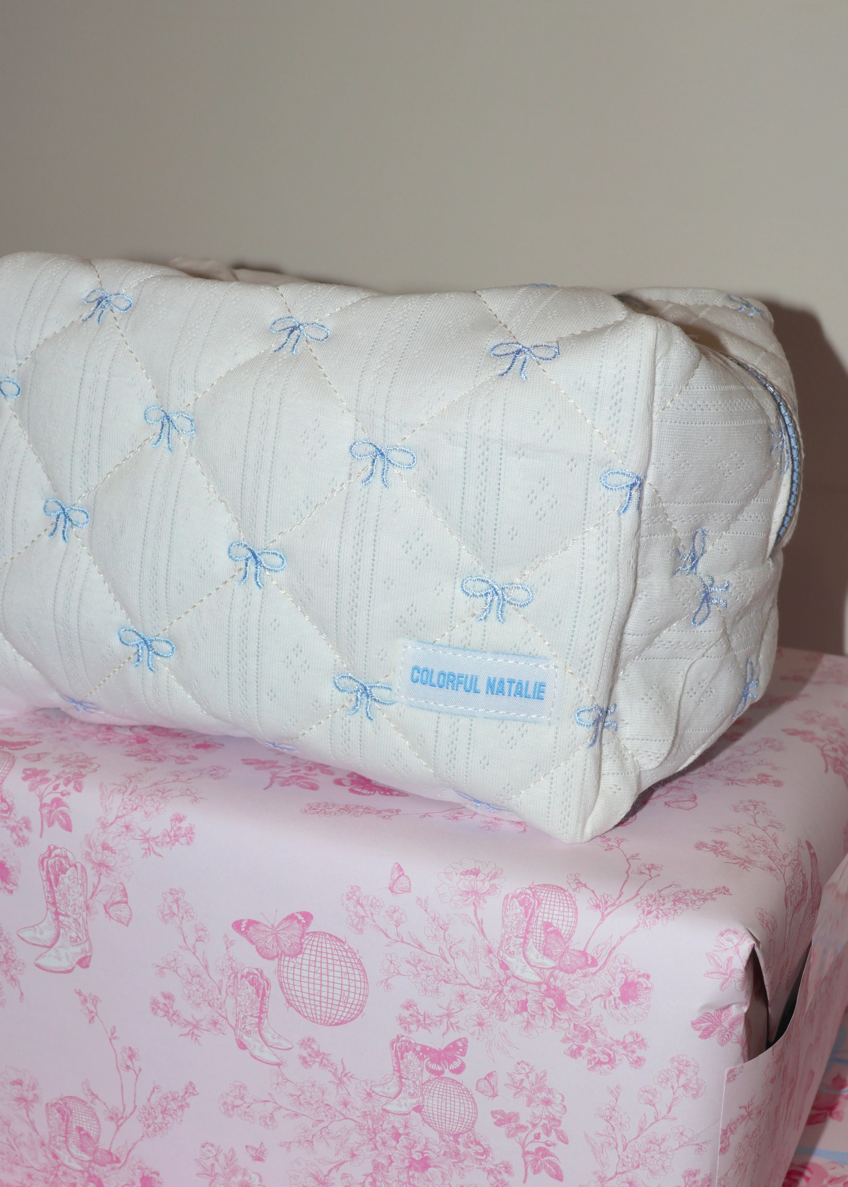 Blue Bows X-Large Embroidered Makeup Bag - Image 4