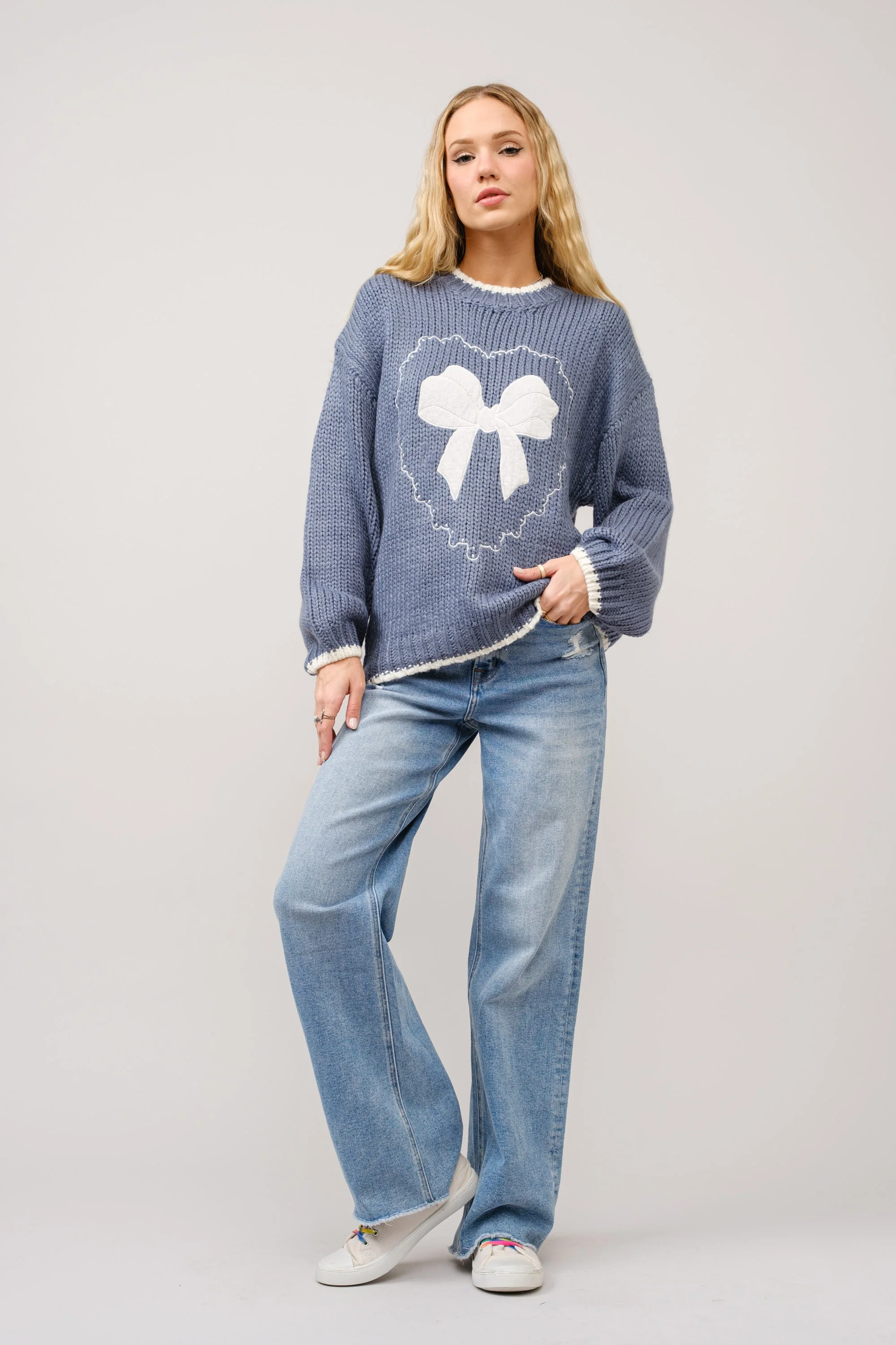 Bow Heart Embroidered Blue Sweater - Image 4