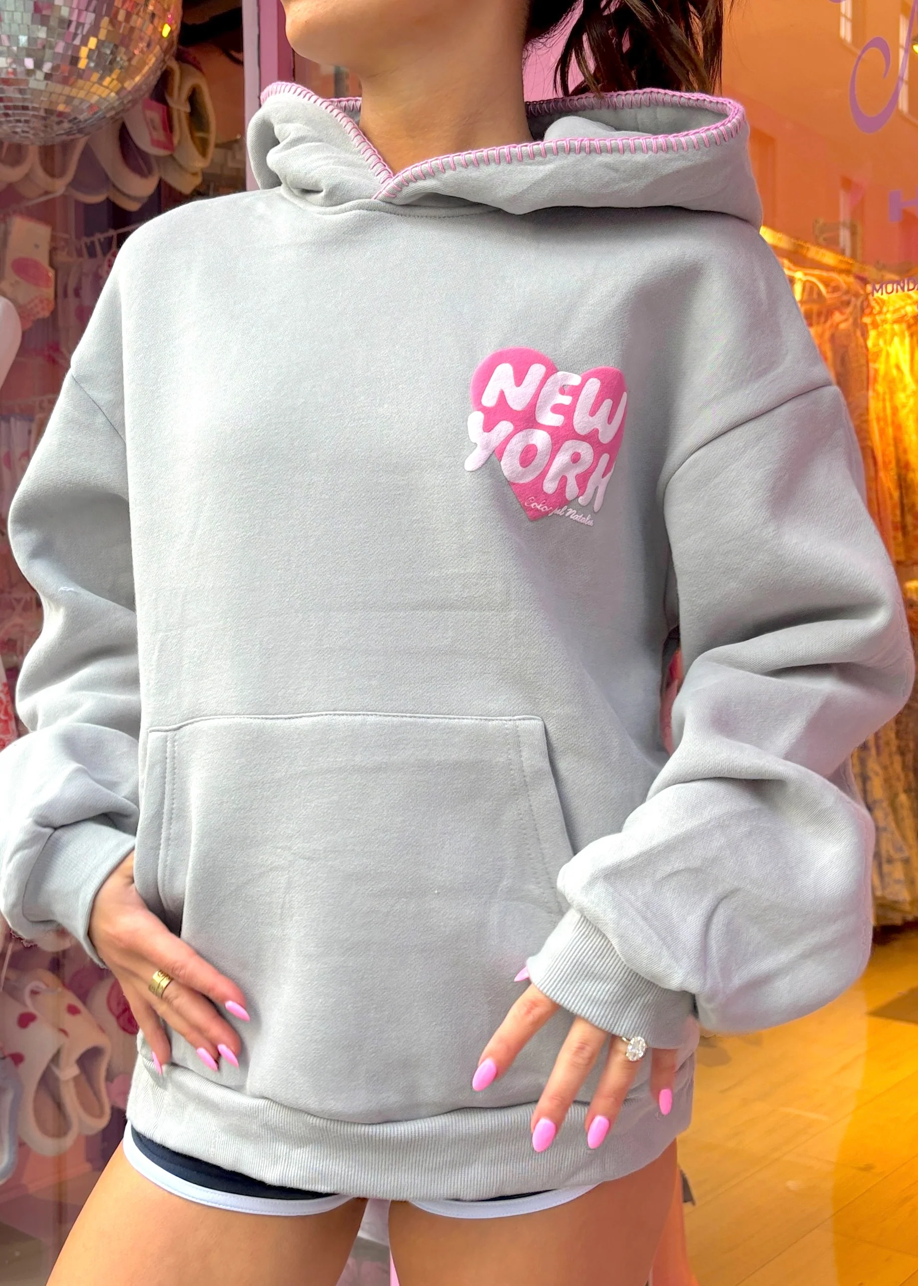 New York Heart Charcoal Stitched Puff Hoodie - Image 3