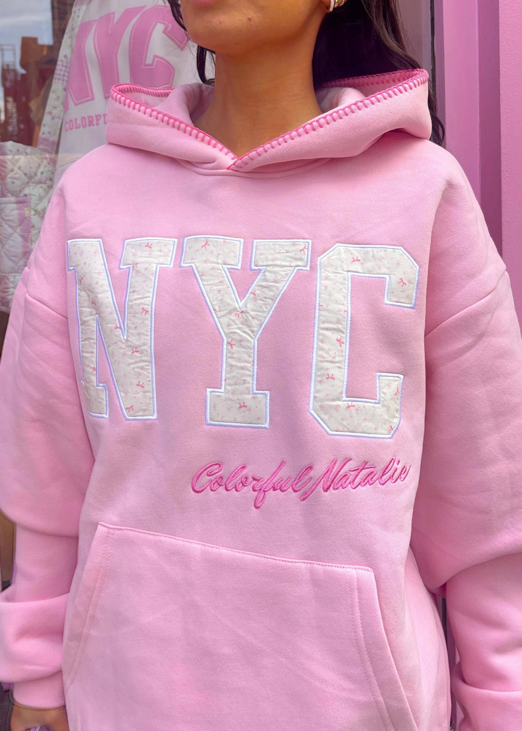 Pink Bow Lover Embroidered NYC Hoodie - Image 3