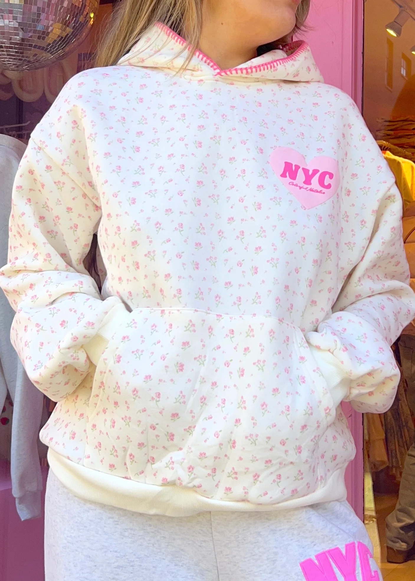 Pink Floral Heart Puff Hoodie - Image 3