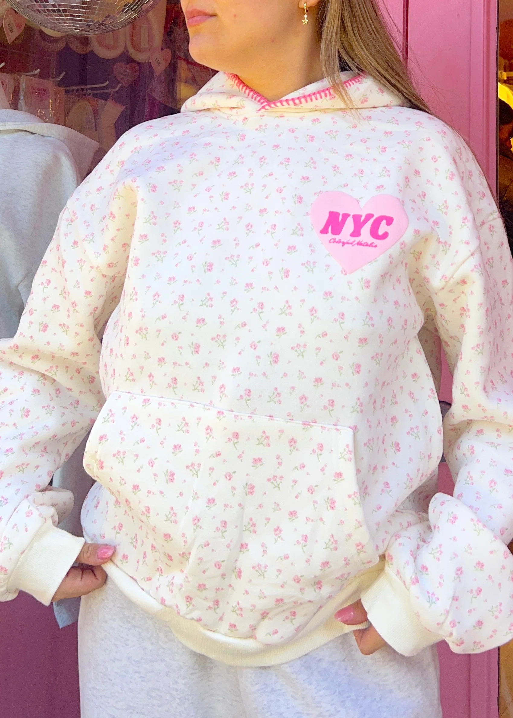 Pink Floral Heart Puff Hoodie - Image 4