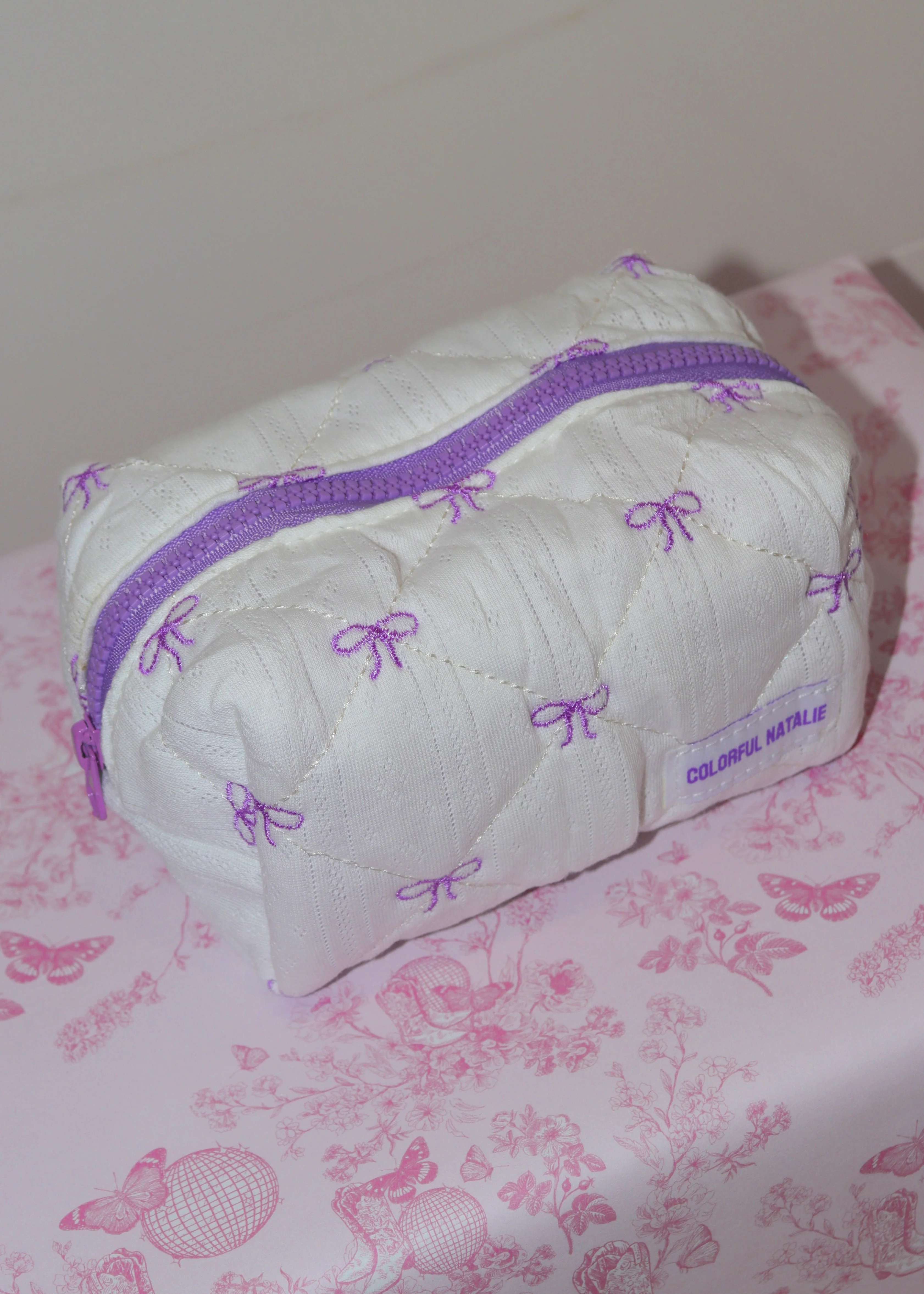 Purple Bows Small Embroidered Makeup Bag - Image 3