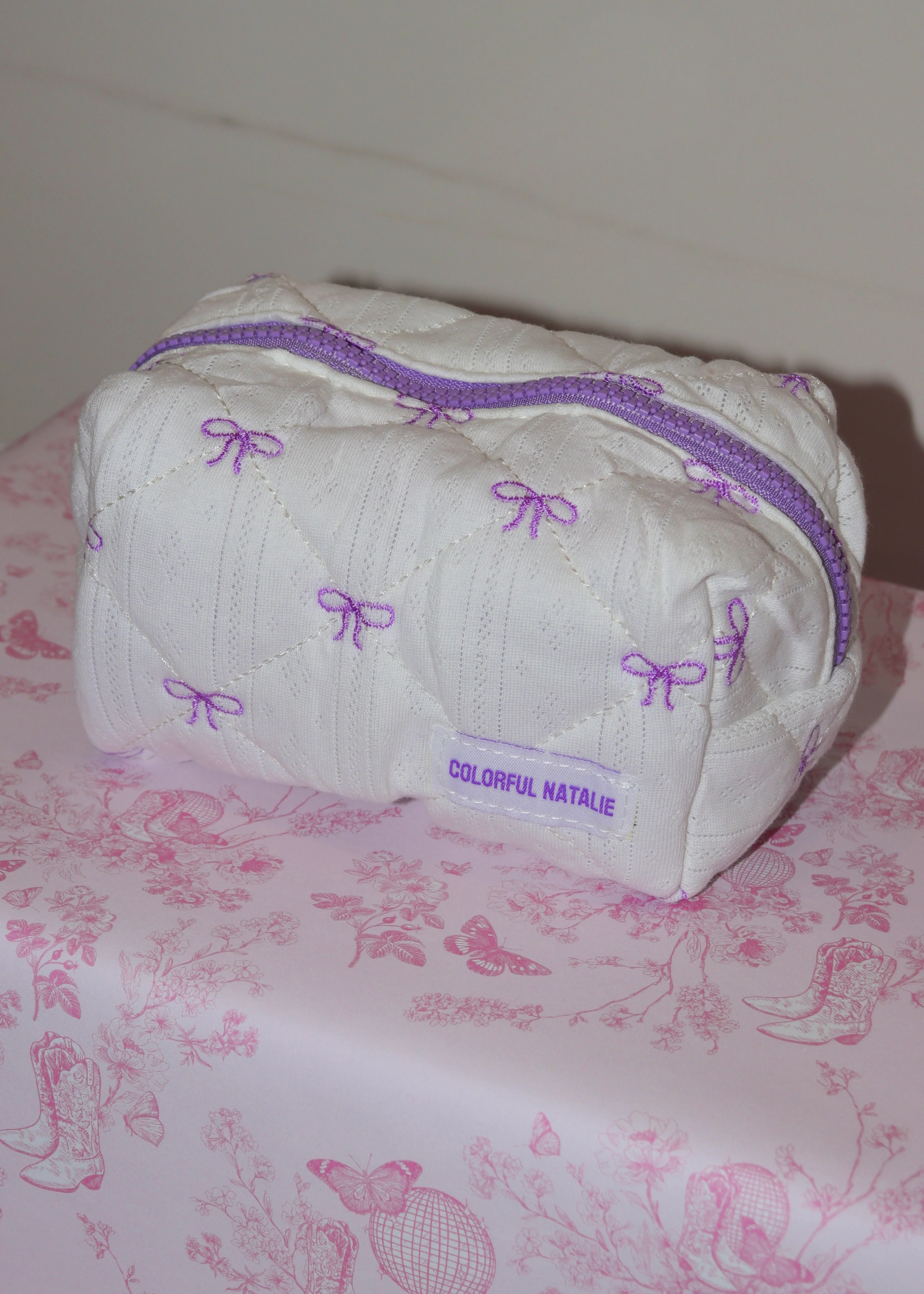 Purple Bows Small Embroidered Makeup Bag - Image 4