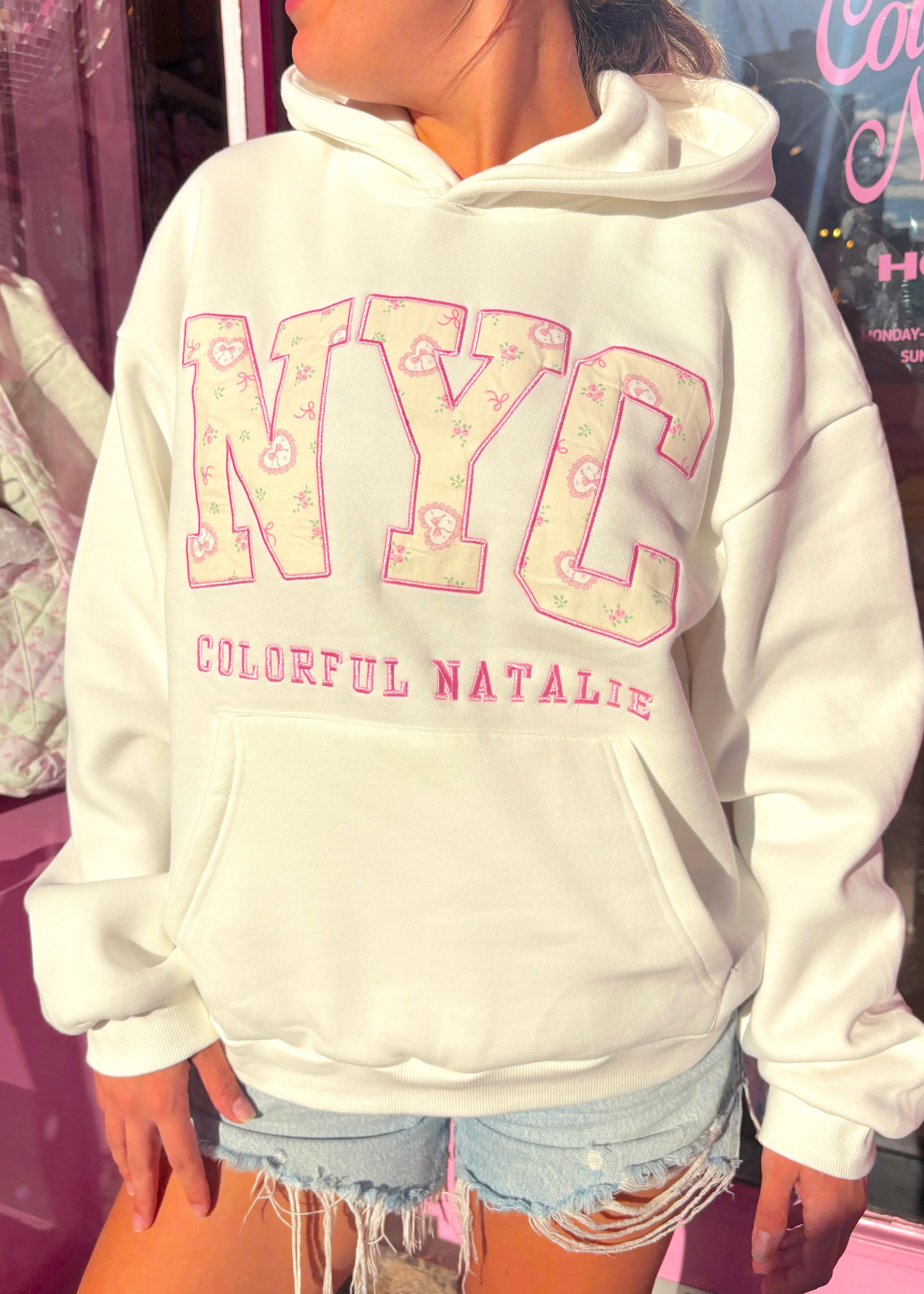 White Bows and Hearts Embroidered NYC Hoodie - Image 3